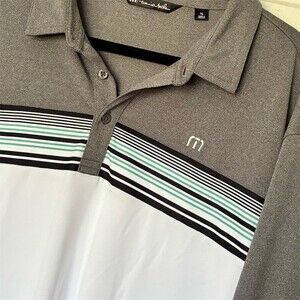 TravisMathew Polo Shirt Men's XL Gray White Colorblock Striped Golf